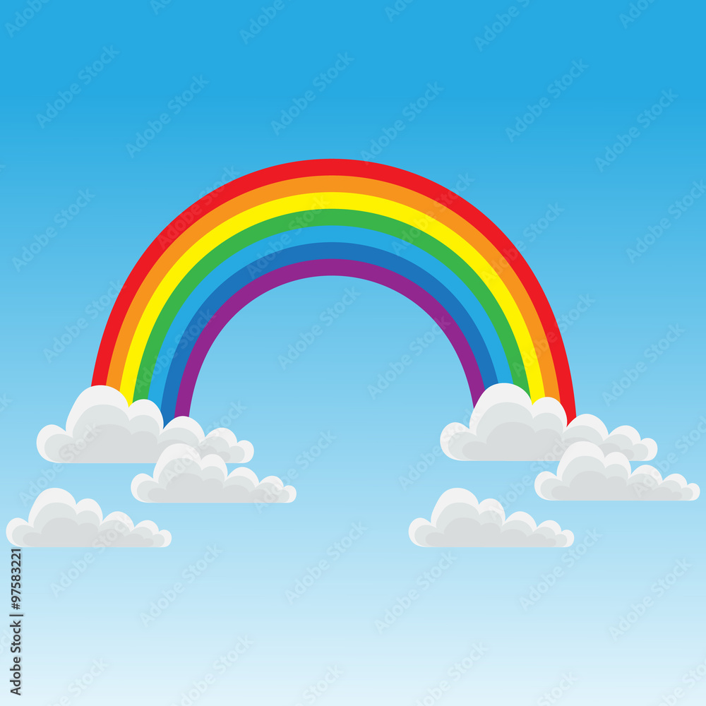 baby picture on which painted a rainbow and clouds on a blue background baby picture on which painted a rainbow and clouds on a blue background