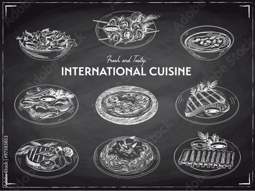 Vector hand drawn sketch international cuisine set.
