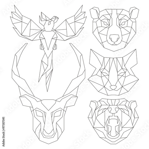 Front view of animal head triangular icon , geometric trendy line design. Vector illustration ready for tattoo or coloring book.Antelope, fox, bear, parrot.