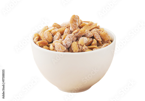 Peanut in a white bowl isolated, Clipping path