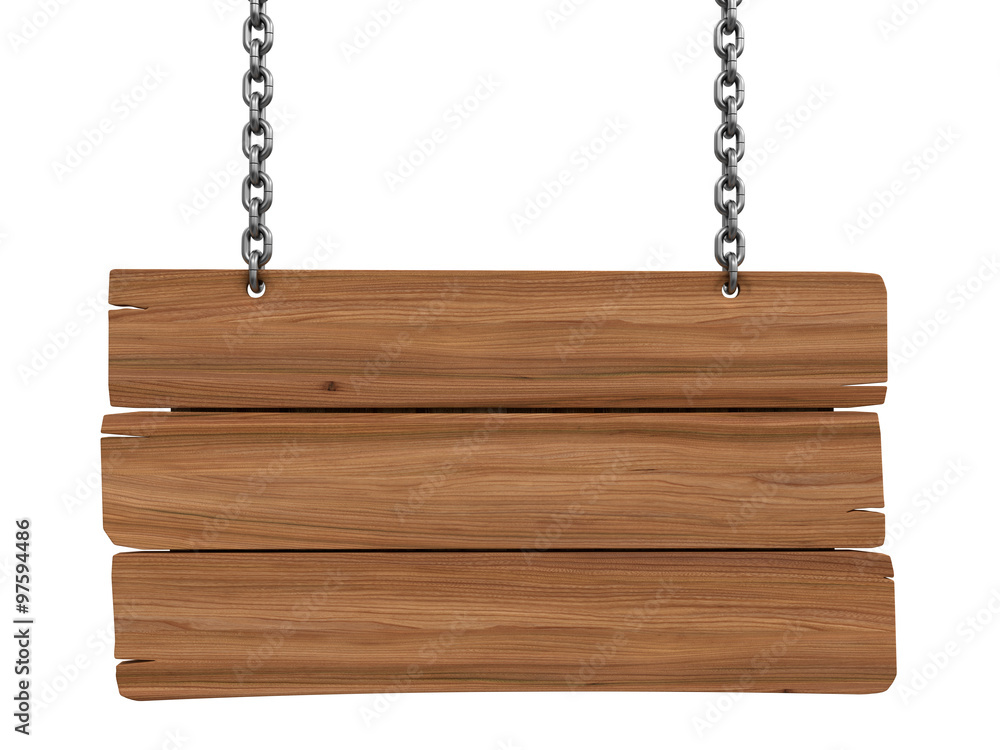 Wooden Blackboard hanging on chains  (clipping path included)