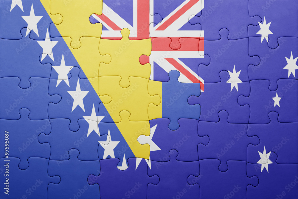 puzzle with the national flag of bosnia and herzegovina and australia