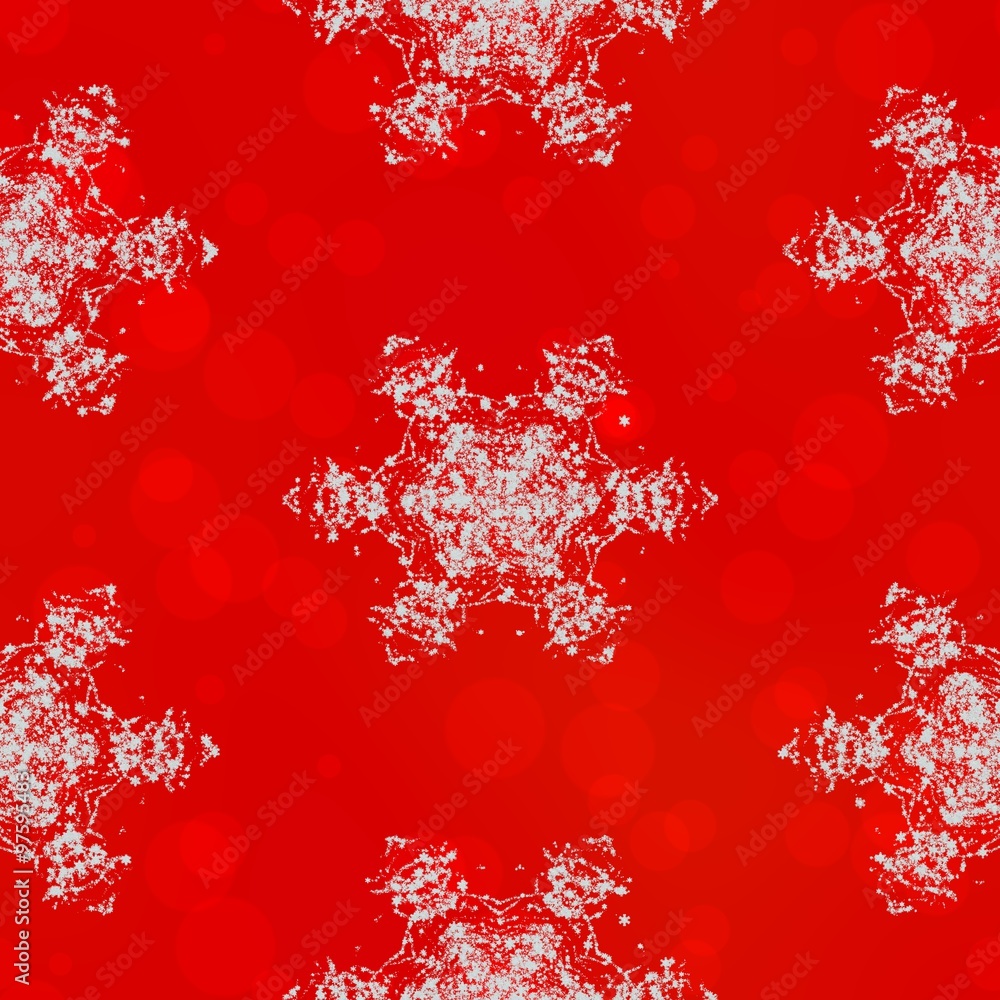 Abstract seamless white frozen snowflakes with bokeh on the red background for Christmas and winter design
