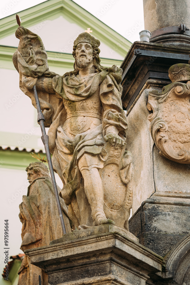 Detail of Column. Statue on main town square in Cesky Krumlov, C