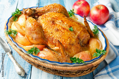 Whole roasted chicken with apples and cream sauce