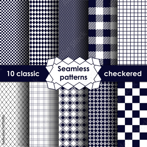 Set of checkered simple fabric seamless pattern in blue and white