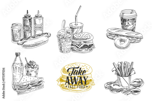Vector set of fast food. Illustration in sketch style