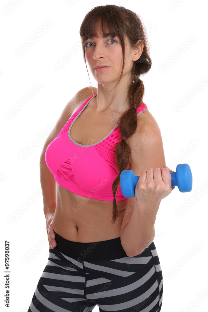 Kraft Power stark Fitness Frau beim Sport Bizeps Workout mit Han Kraft Power stark Fitness Frau beim Sport Bizeps Workout mit Han
