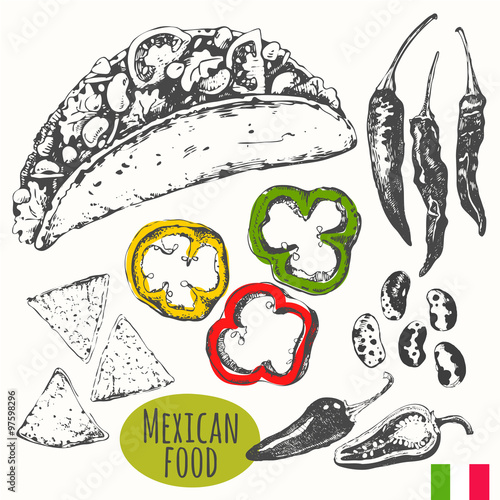 Mexican food in the sketch style. Latins traditional products.