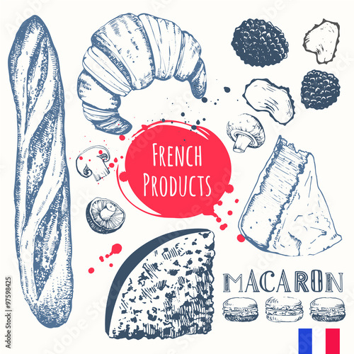 French food in the sketch style. European traditional products.