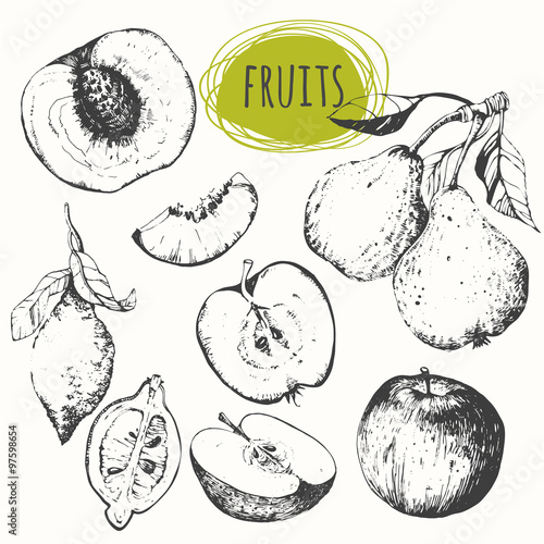 Set of hand drawn apple, lemon, pear, peach. Sketch fruits.
