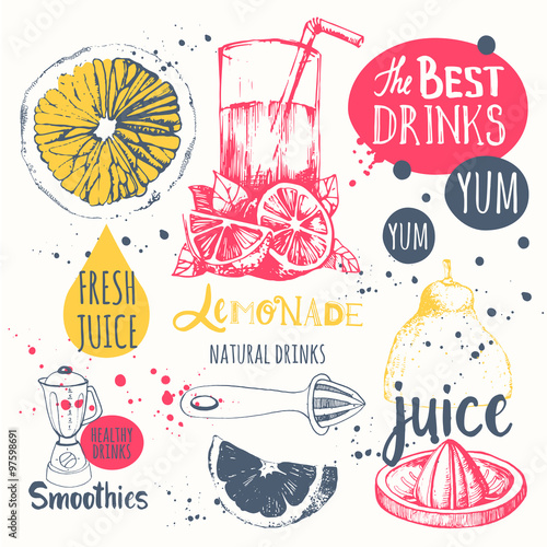 Drinks in sketch style. Useful natural juices and smoothies. 
