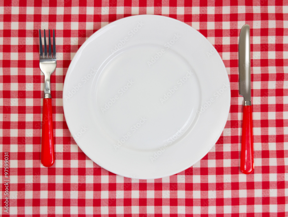White empty clean plate on red tablecloth background with dishwa White empty clean plate on red tablecloth background with dishwa