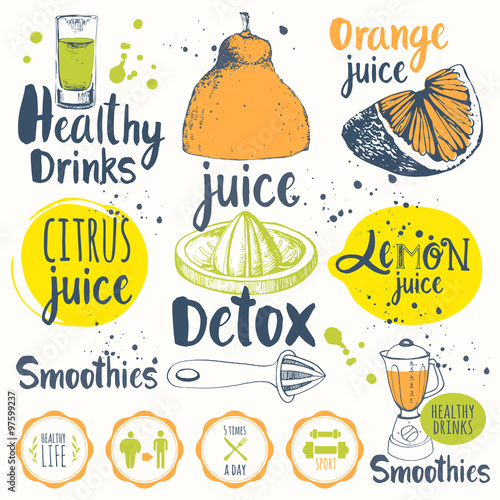 Drinks in sketch style. Useful natural juices and smoothies. 