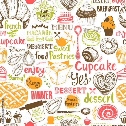 Seamless background with dessert and sweets symbols.