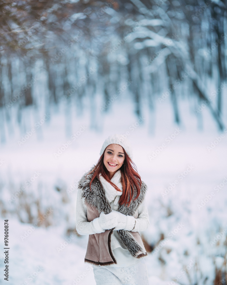 Winter woman looking up happy Winter woman looking up happy