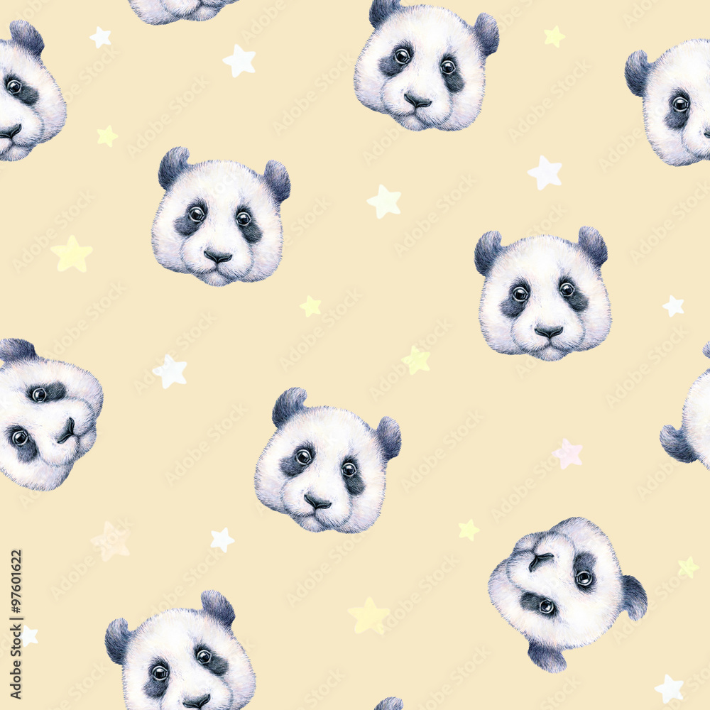Obraz premium Pandas on beige background. Seamless pattern. Watercolor drawing. Children's illustration. Handwork