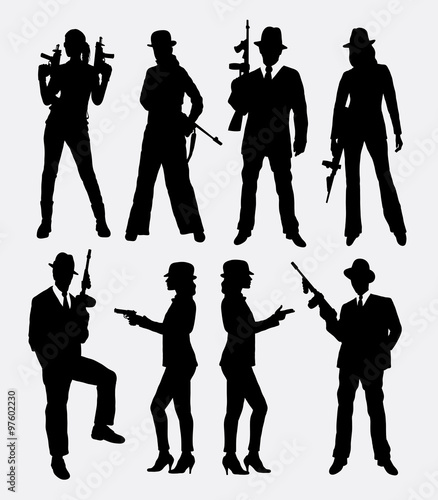 Gangster with gun, male and female pose silhouettes. Good use for symbol, game elements, logo, web icon, mascot, sticker, sign, or any design you want. Easy to use, edit or change color.