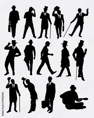 Man with hat pose silhouettes. Good use for symbol, logo, web icon, mascot, sticker, or any design you want. Easy to use.