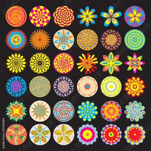 Set of flowers like chakras vector collection. Isolated on black background. Flat style. For design, associated with yoga and spiritual imaginary. 