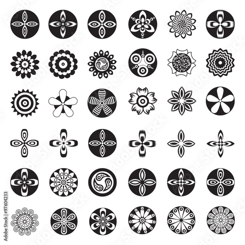 Black and white vector flowers set with thirty six (36) different logo and icon designs of spring and summer flowers. Flat.