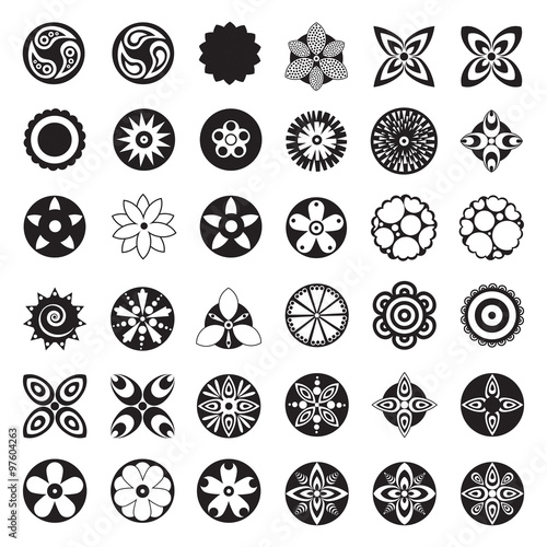 Large set of flat icon flower, icons silhouette, isolated. Pretty retro design for stickers, labels, logo, tags, gift wrapping paper patterns.