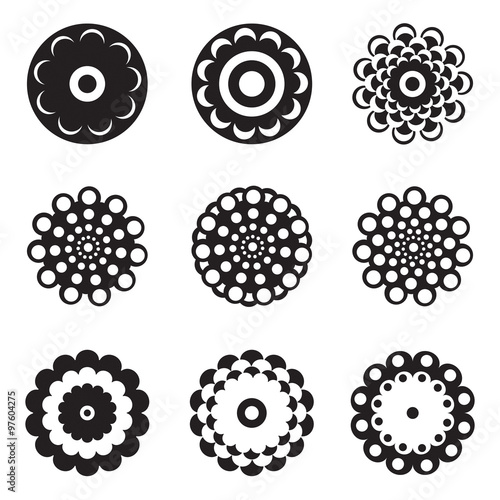 Black and white vector flowers set with nine different designs of spring and summer flowers, flat for logo ad icons.