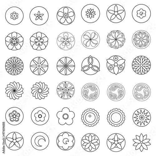 Flowers design element for coloring page book. Hipster geometrical circular flowers  floral design elements  set of isolated linear graphical logos  icons  flower objects. 