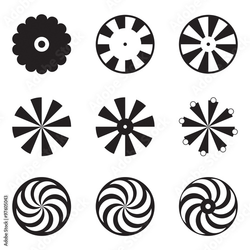 Black and white vector flowers set with nine different designs of spring and summer flowers, flat for logo ad icons.