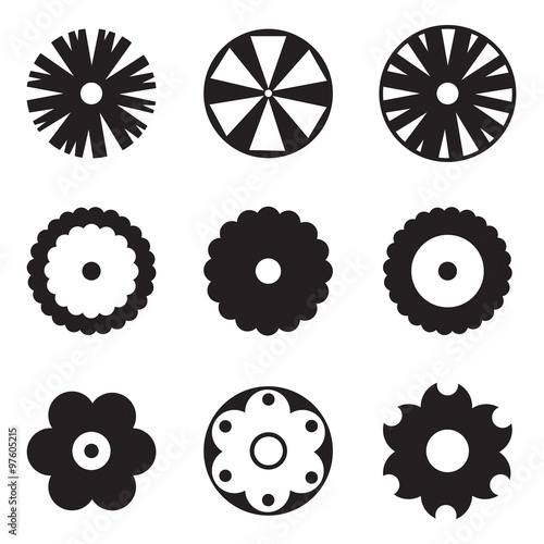 Set of 9 flat icon flower, icons silhouette, isolated. Pretty retro design for stickers, labels, logo, tags, gift wrapping paper patterns.