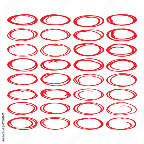 Large collection of red oval, highlight circle, red pen drawn marks, red circle shape set.