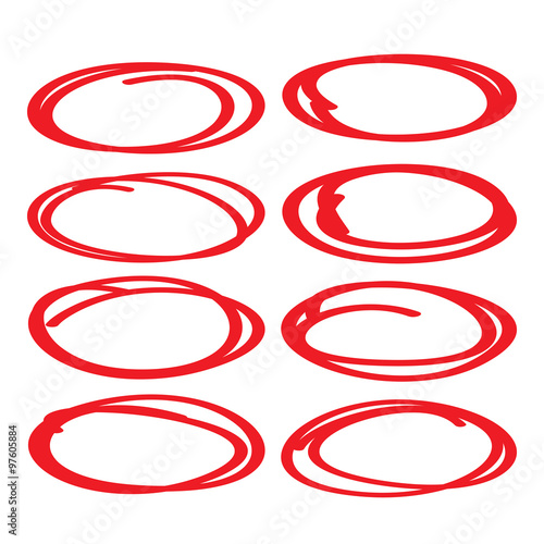 Highlighter elements, red ovals set, collection of correction and hand draw oval.