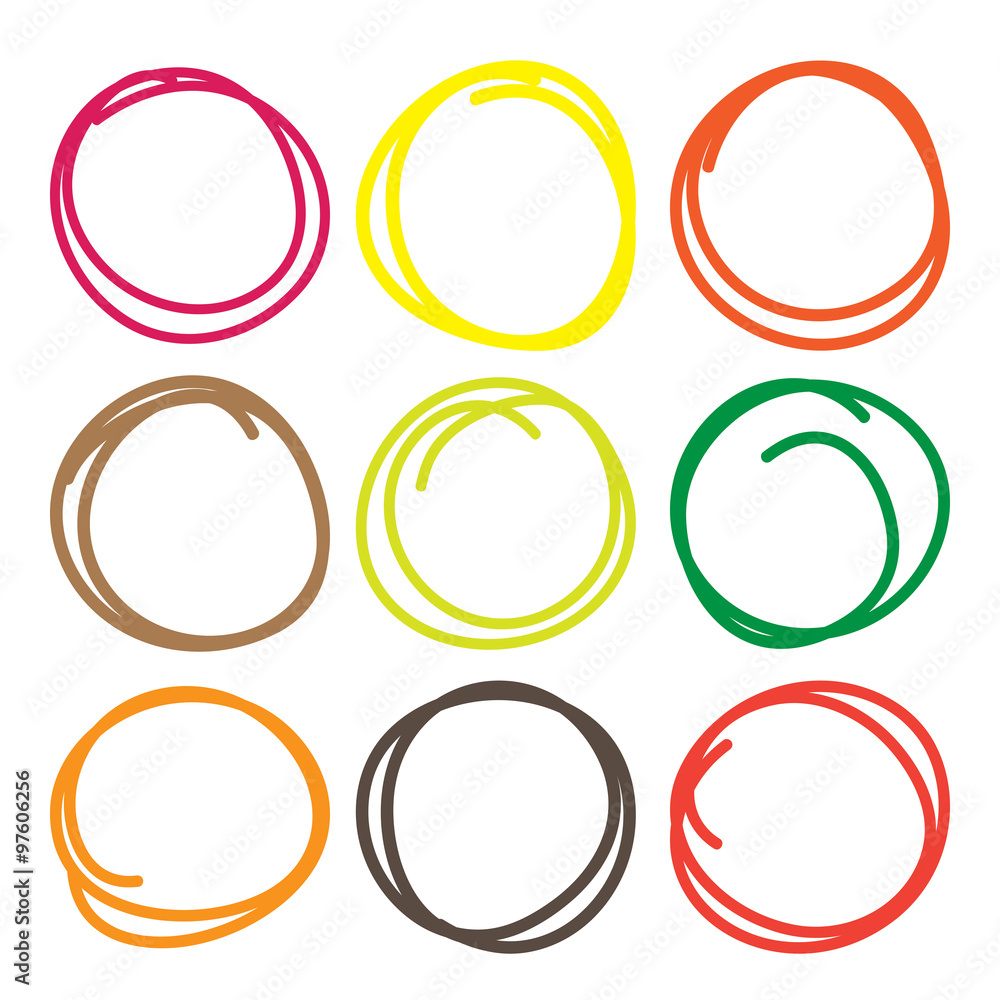 Set of nine hand drawn various color scribble circles and highlights, vector logo and diagrams design elements on white. Set of nine hand drawn various color scribble circles and highlights, vector logo and diagrams design elements on white.