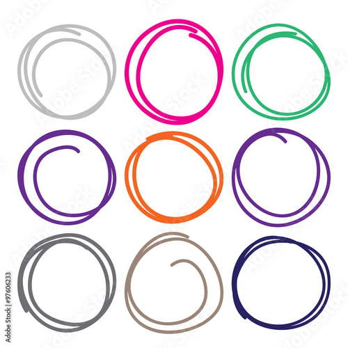 Set of nine hand drawn various color scribble circles and highlights, vector logo and diagrams design elements on white.