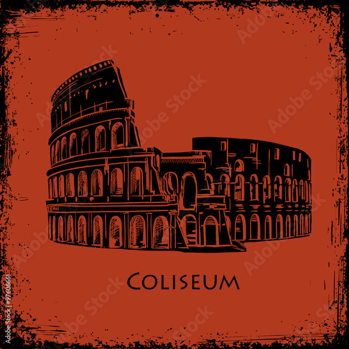 Coliseum in Rome, Italy. Colosseum hand drawn vector illustration, the style of ancient vase painting background