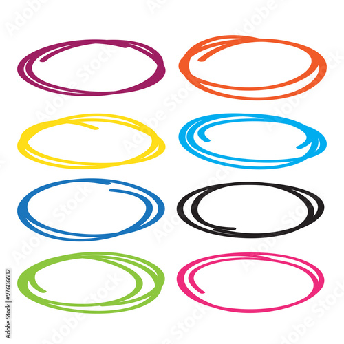 Series of red, yellow, blue, brown, green  highlight pen circle, hand draw circles set in various colors.