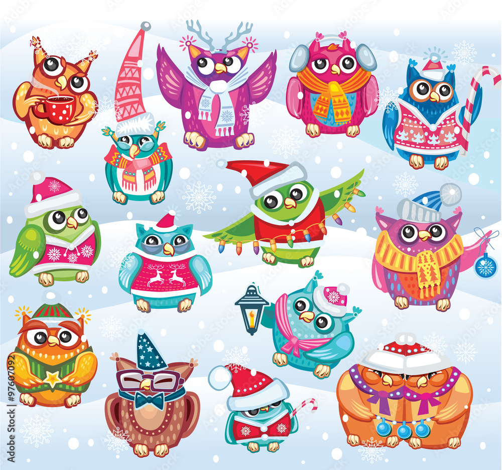 Set of Cute Christmas Owls