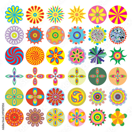 Fototapeta Naklejka Na Ścianę i Meble -  Ornament beautiful set of flowers like chakras for yoga. Geometric elements, hand drawn. Elements for spiritual compositions and patterns, small mandalas, kaleidoscope, medallion.