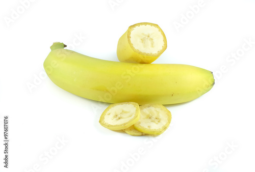 Banana fruit and slices, isolated on white background