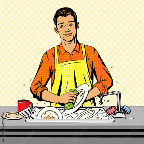 Man washes dishes pop art style vector