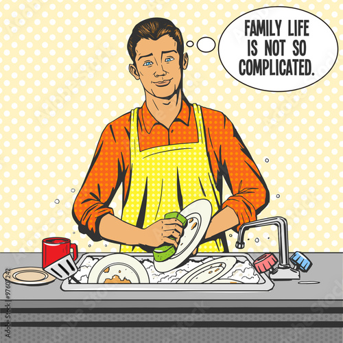 Man washes dishes pop art style vector