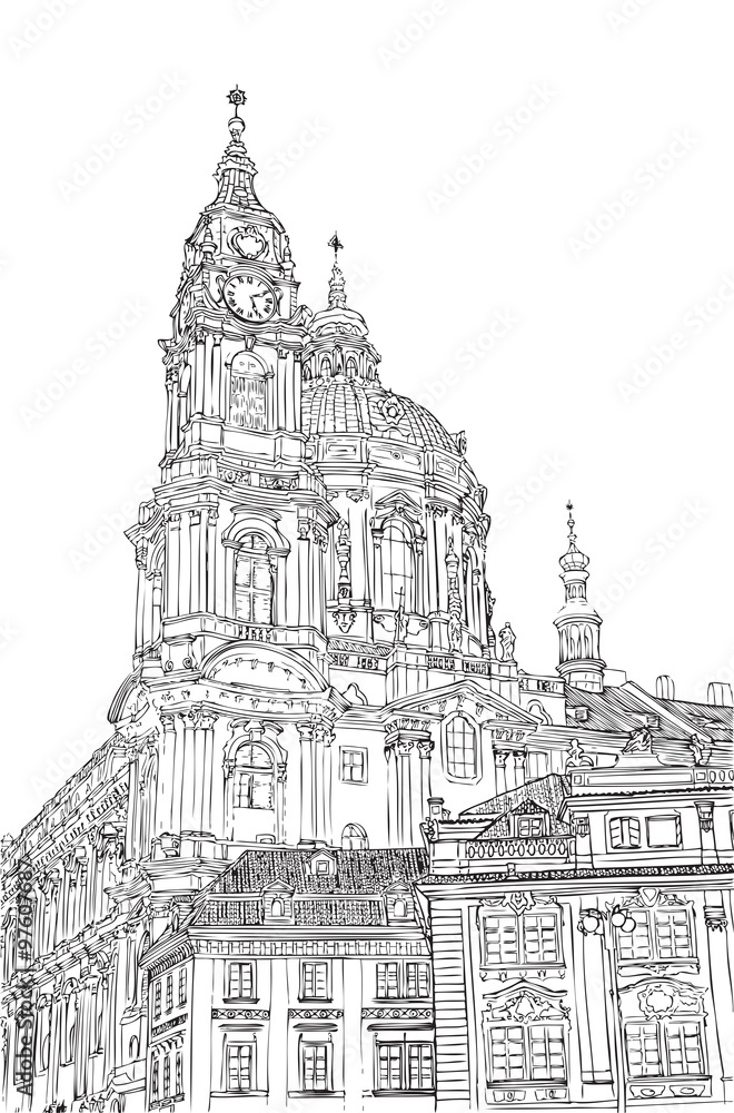 Prague town, Czech Republic. Church Of St. Francis and Square of the Knights. European city, black & white vector sketch hand drawn collection. 