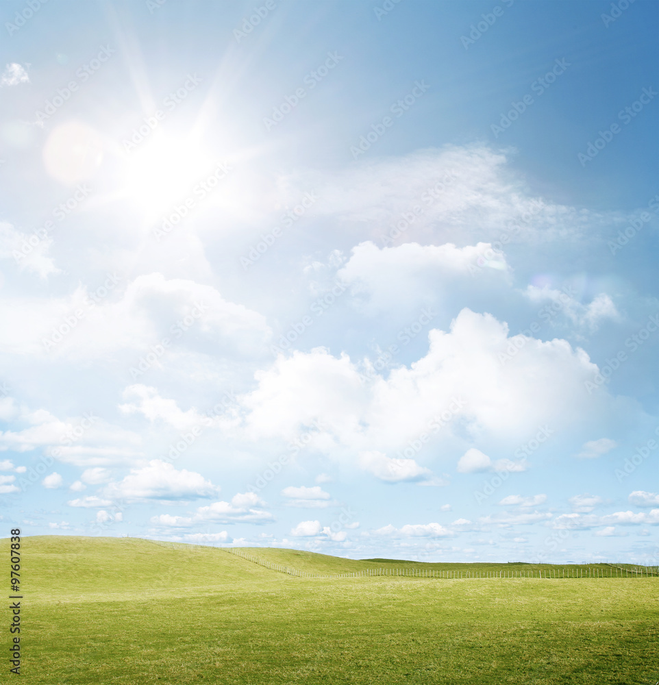 Empty field of green grass, sun light shining in blue sky Empty field of green grass, sun light shining in blue sky