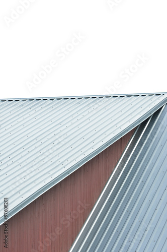 Industrial building roof sheets, grey steel rooftop pattern, isolated riffled roofing red ocher wood texture background, red ochre paint wooden wall closeup, vertical gray corrugated metal copy space
