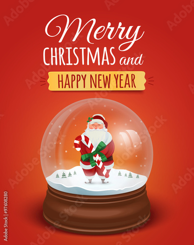 Christmas greeting card, poster with Santa Claus in the snow globe. Vector illustration. Merry christmas and Happy new year lettering text