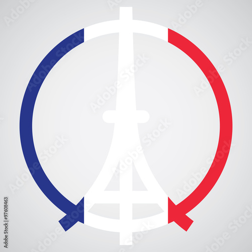 Peace logo of Eiffel tower silhouette on the national flag of France. Tricolour flag background for Pray for Paris emblem vector illustration.
