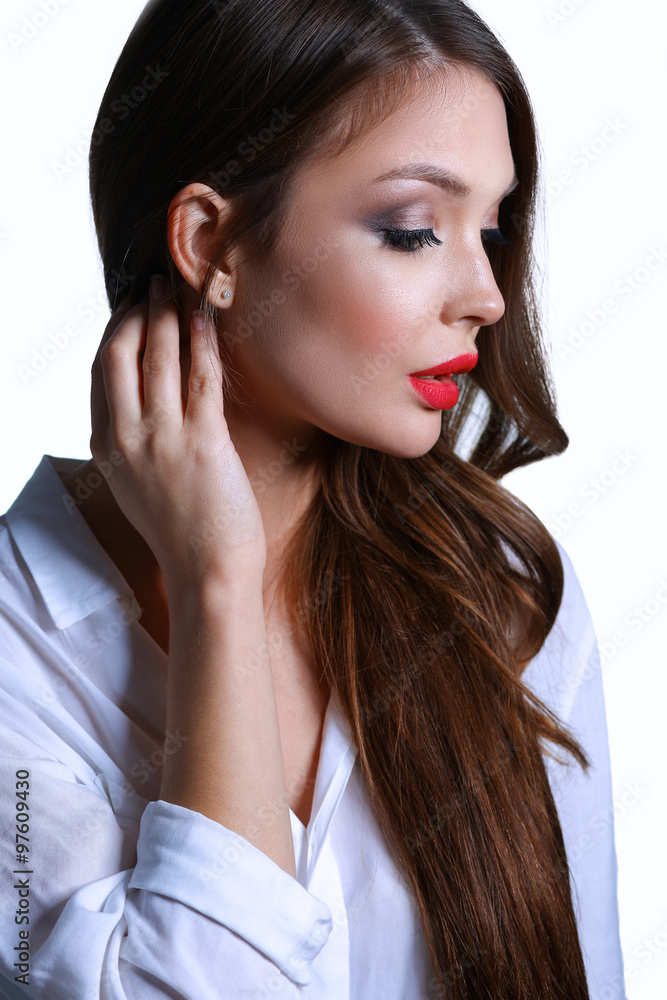 Portrait of beautiful young woman . Isolated on white background Portrait of beautiful young woman . Isolated on white background
