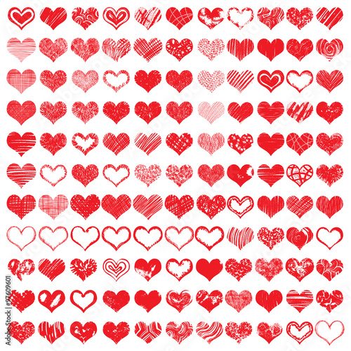 Large set of hand drawn vector heart. Collection created with different brush such as chalk, ink, pencil, watercolour brush and scratch. 