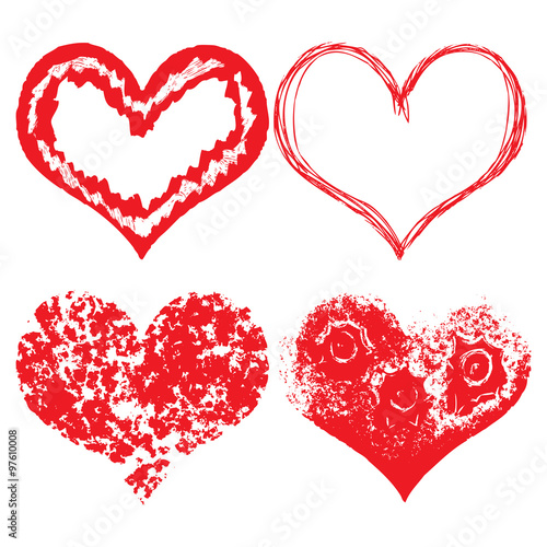 Heart icons  hand drawn icons for valentines and wedding in red color for valentines. Collection of grunge vector hearts for wedding. Made of chalk and watercolour.