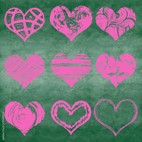 Chalk drawn vector collection of hearts. Set of heart in pink and red color on chalk board or school board. 